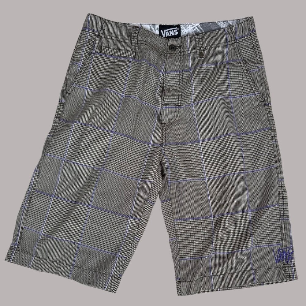 Vans Boys Size 18 Plaid Shorts Skater Golf Style Houndstooth Purple Stitch Flat